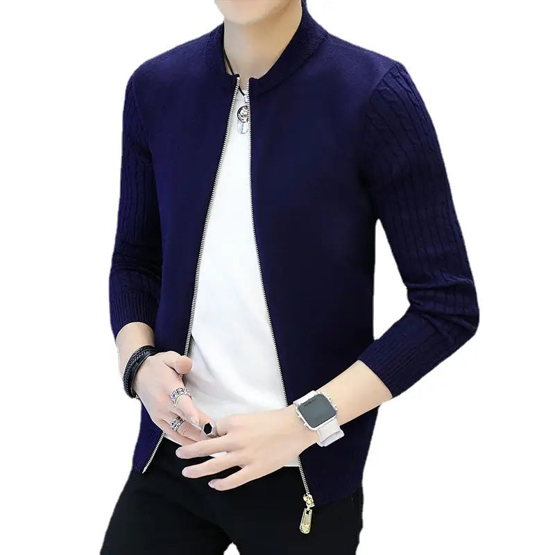 Men Beige Slim Fit Zipper Knit Cardigan Autumn