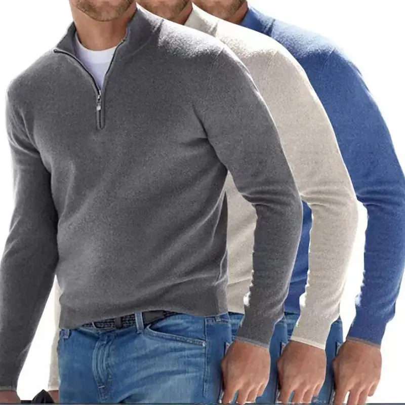Men Wool Zip Neck Sweater Gray Beige Blue Casual