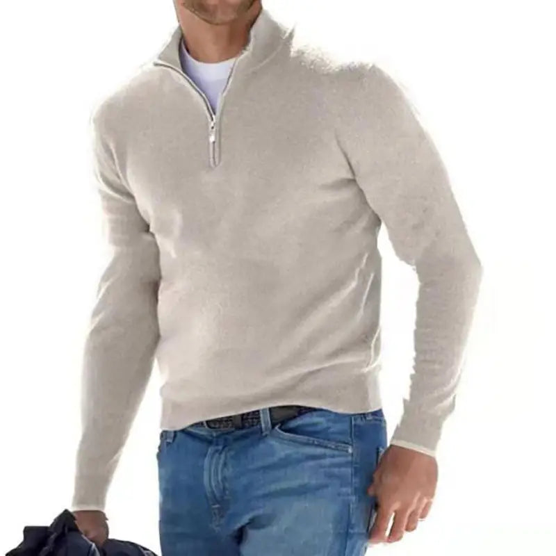 Men Wool Zip Neck Sweater Gray Beige Blue Casual