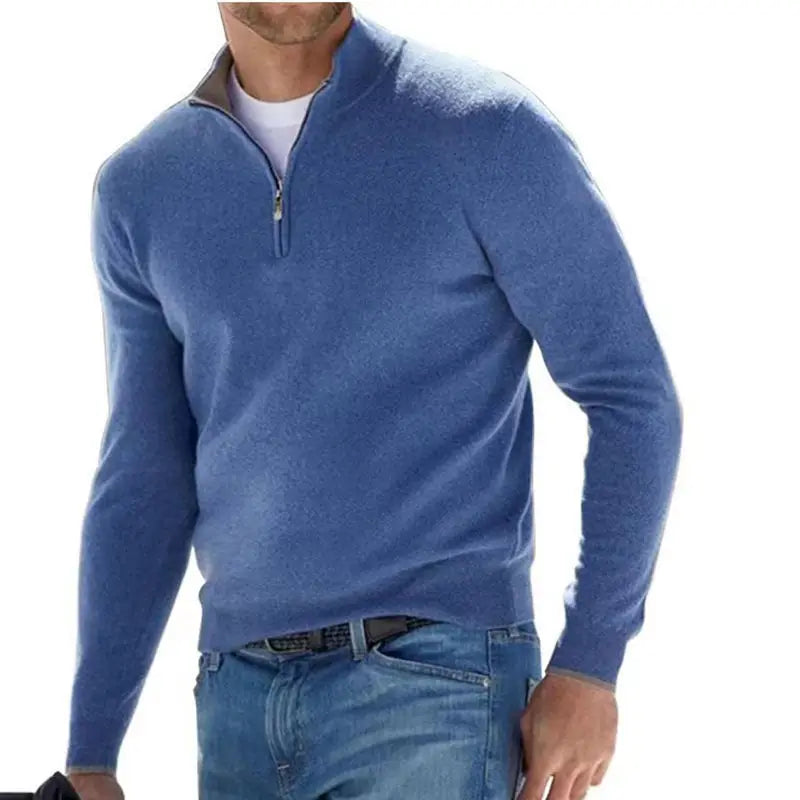 Men Wool Zip Neck Sweater Gray Beige Blue Casual