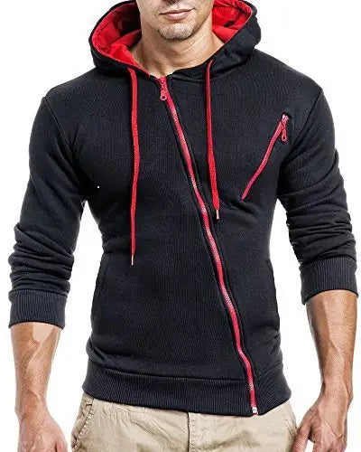 Men Slim Fit Hooded Zipper Sweater Black Red