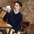 Men V-neck Black Knit Pullover Sweater Slim Fit