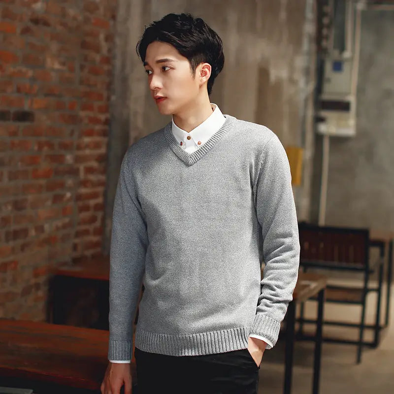 Men V-neck Black Knit Pullover Sweater Slim Fit