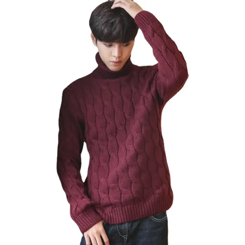 Men's Burgundy Cable Knit Turtleneck Sweater Winter Warm