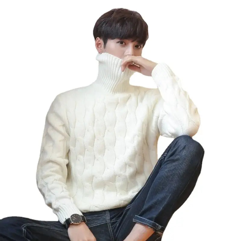 Men's Burgundy Cable Knit Turtleneck Sweater Winter Warm