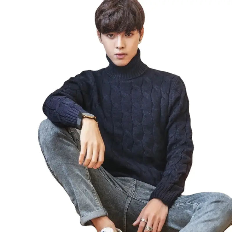 Men's Burgundy Cable Knit Turtleneck Sweater Winter Warm