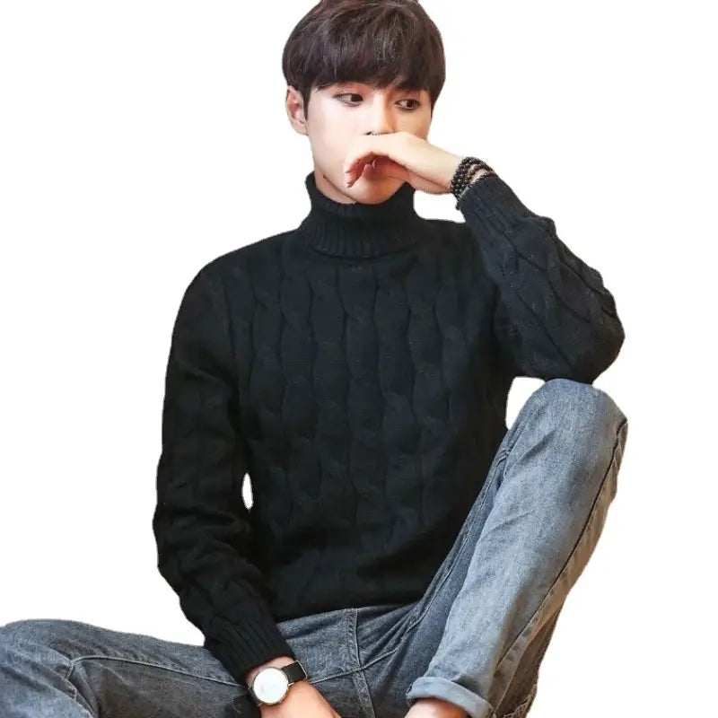 Men's Burgundy Cable Knit Turtleneck Sweater Winter Warm