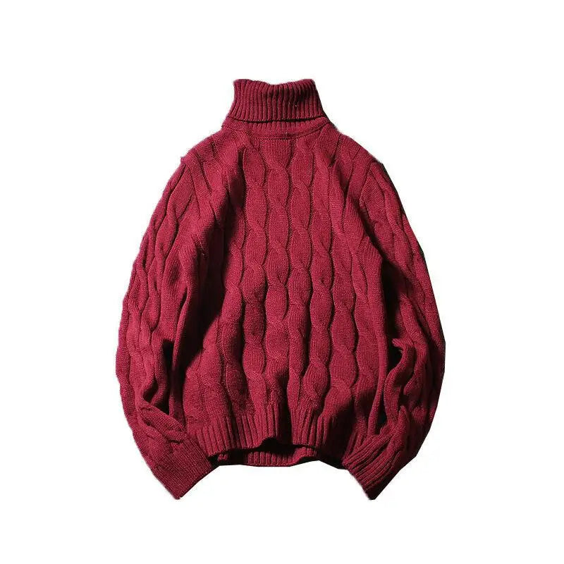 Men's Burgundy Cable Knit Turtleneck Sweater Winter Warm