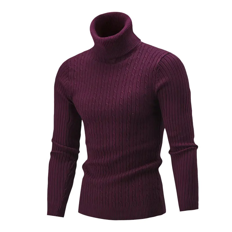 Men's Purple Cable Knit Turtleneck Sweater