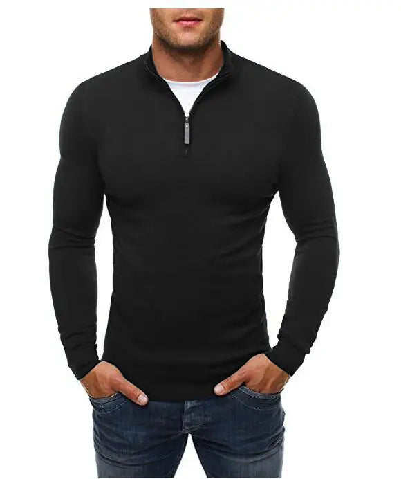 Men Black Zip Turtleneck Slim Knitwear