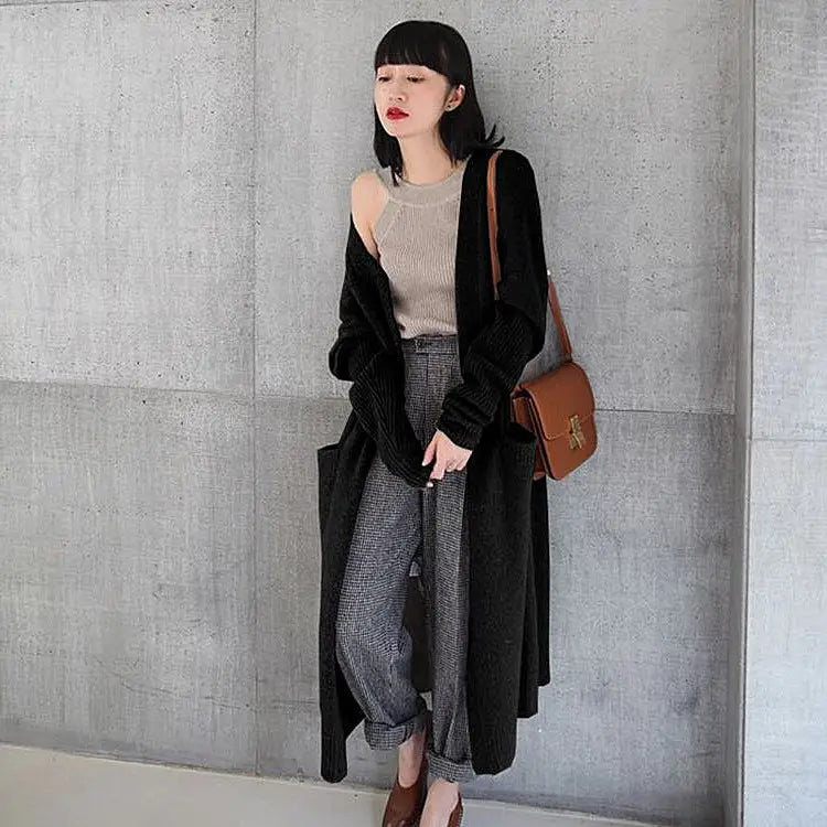 Women Knit Cardigan Solid Black Loose Autumn