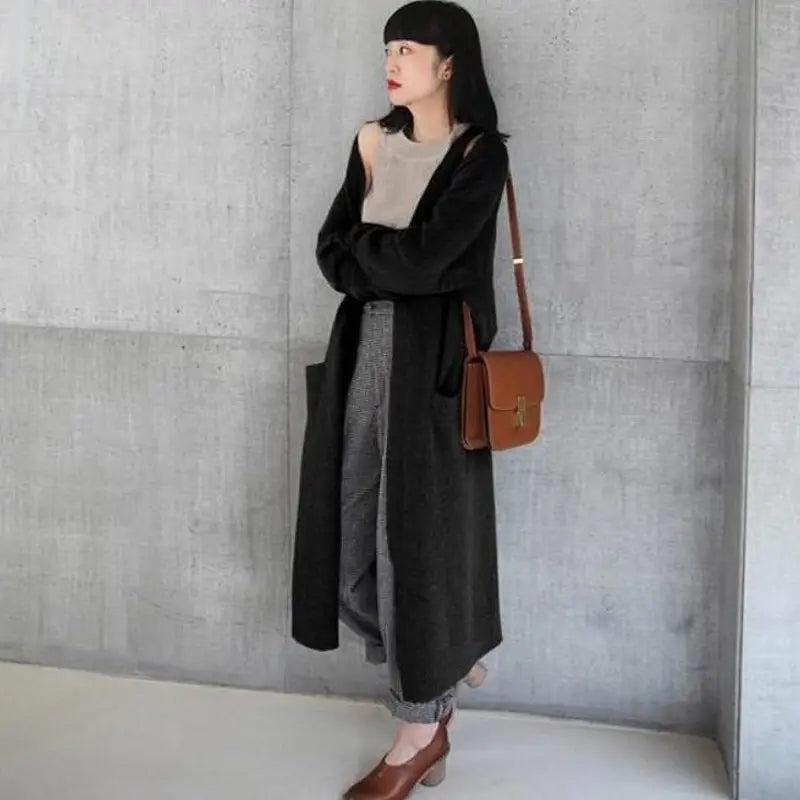 Women Knit Cardigan Solid Black Loose Autumn
