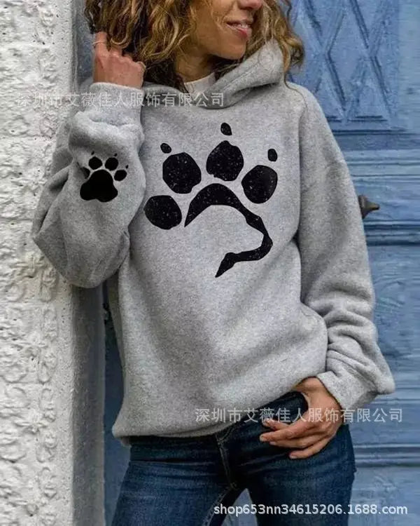 Women Hooded Printed Sweater Loose Grey Long Sleeve