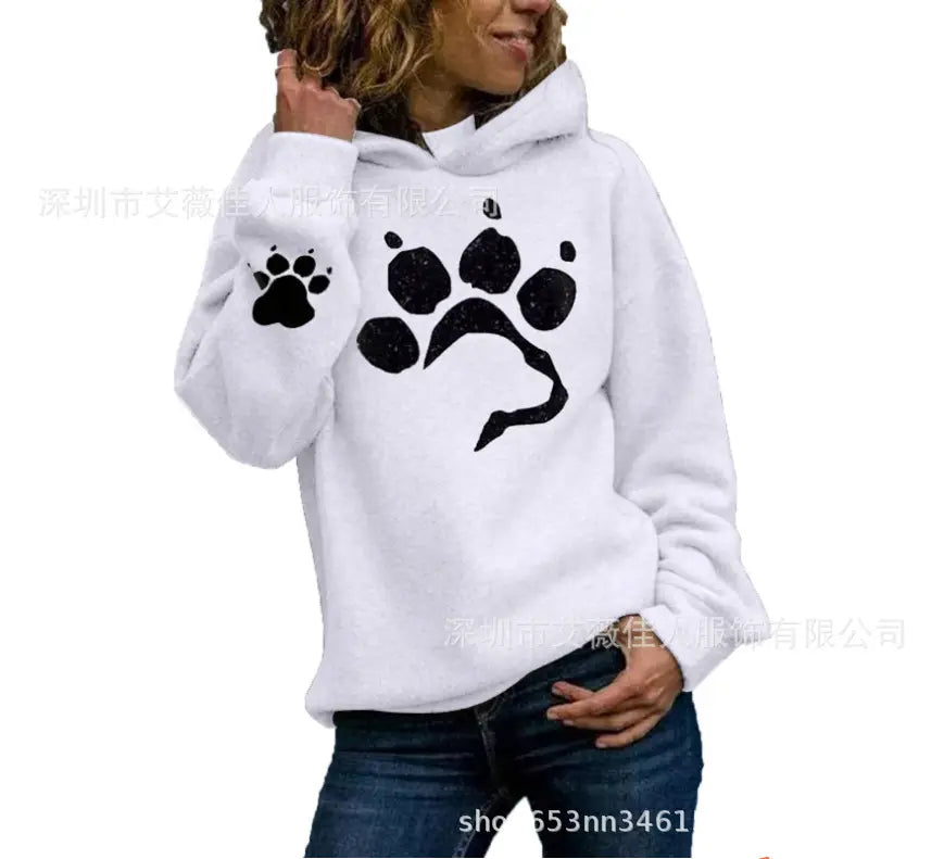 Women Hooded Printed Sweater Loose Grey Long Sleeve