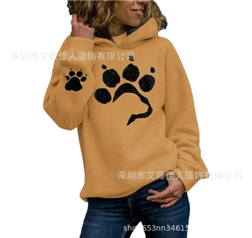 Women Hooded Printed Sweater Loose Grey Long Sleeve
