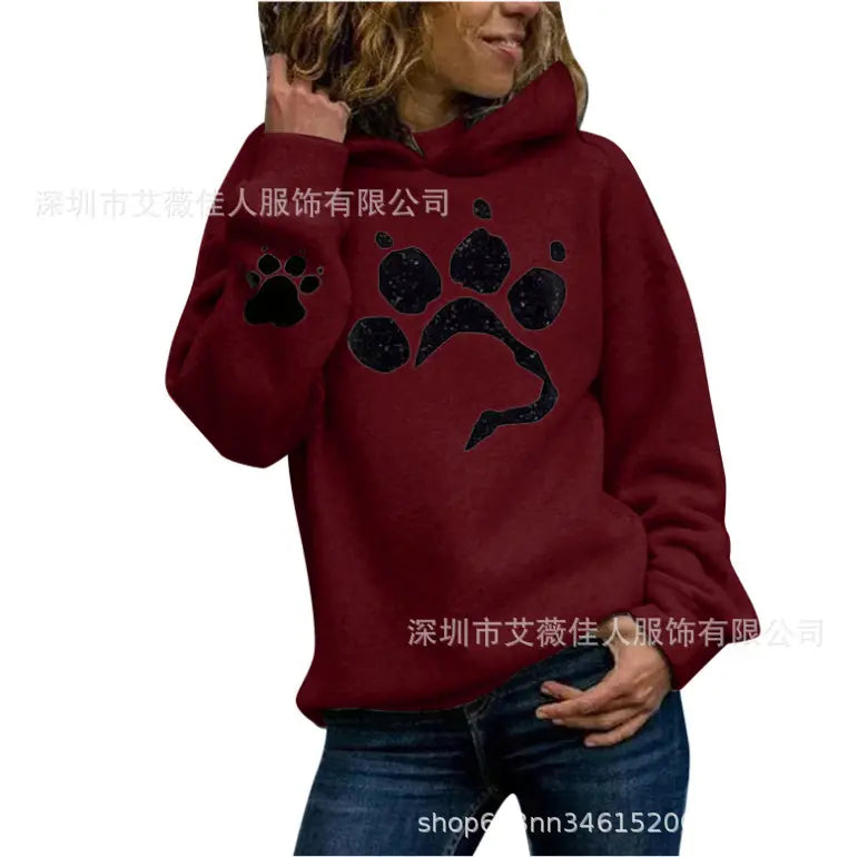 Women Hooded Printed Sweater Loose Grey Long Sleeve