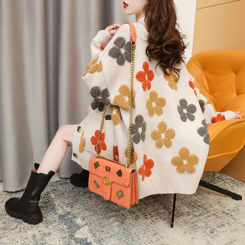 Women Floral Knitted Cardigan Winter Casual Sweater