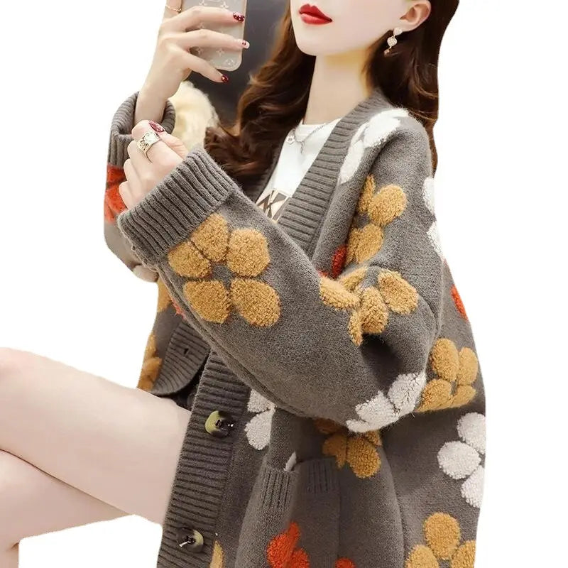 Women Floral Knitted Cardigan Winter Casual Sweater