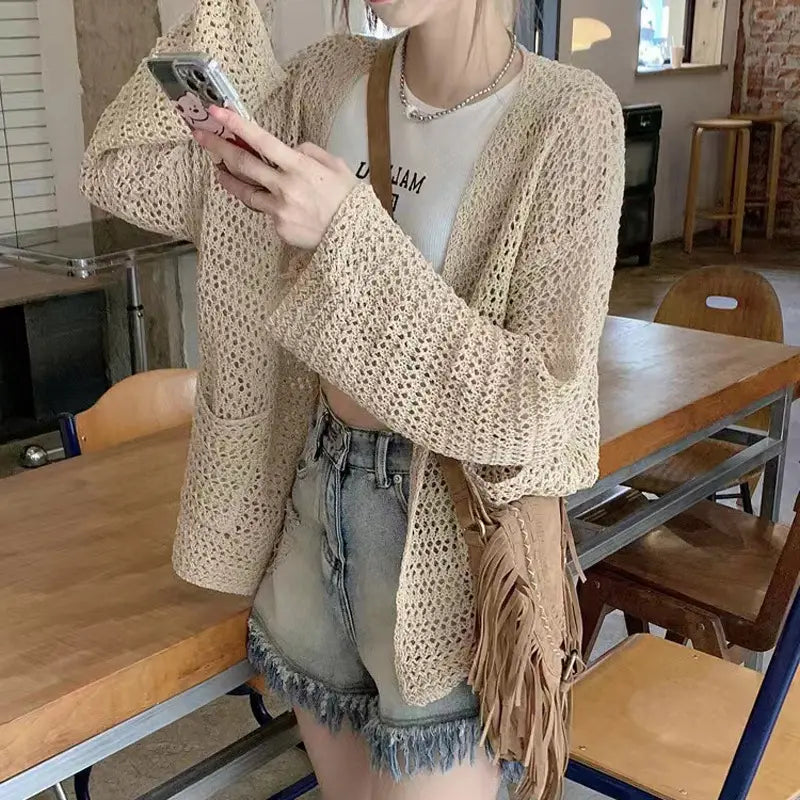 Women Hollow Knitted V-neck Cardigan Khaki Summer Loose Coat