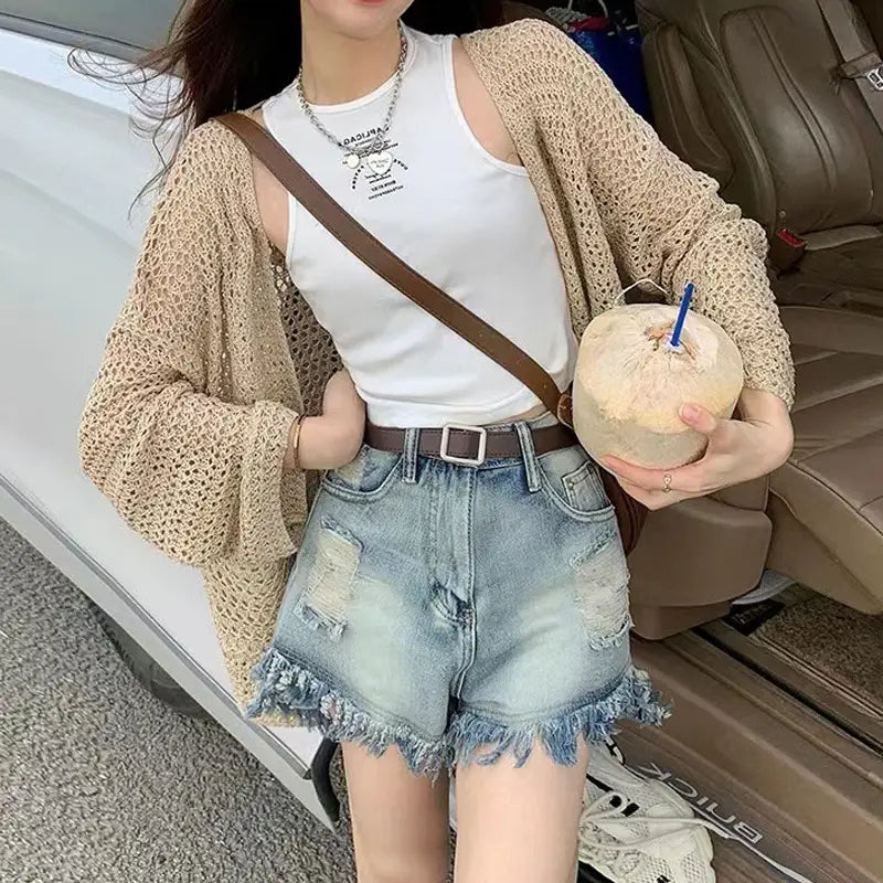 Women Hollow Knitted V-neck Cardigan Khaki Summer Loose Coat