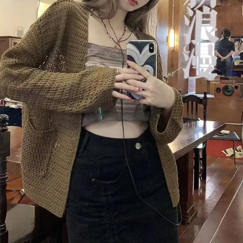 Women Hollow Knitted V-neck Cardigan Khaki Summer Loose Coat