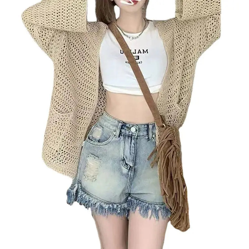 Women Hollow Knitted V-neck Cardigan Khaki Summer Loose Coat