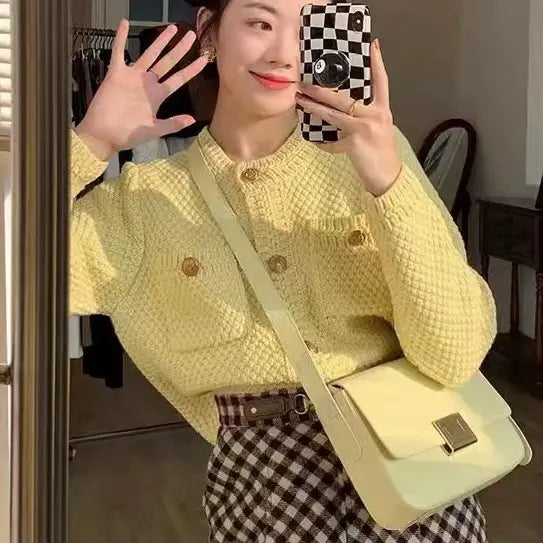 Women Green Waffle Knit Jacket Spring Loose Fit