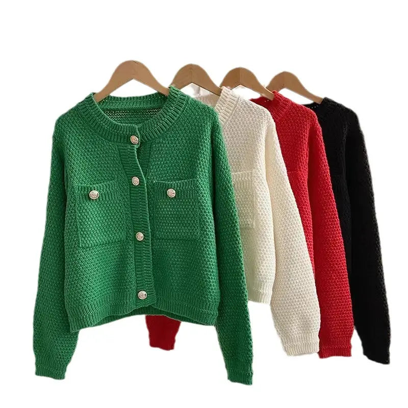 Women Green Waffle Knit Jacket Spring Loose Fit