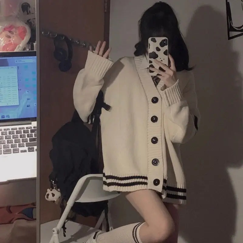 Women Loose Knitted Cardigan Cream Striped Winter Sweater