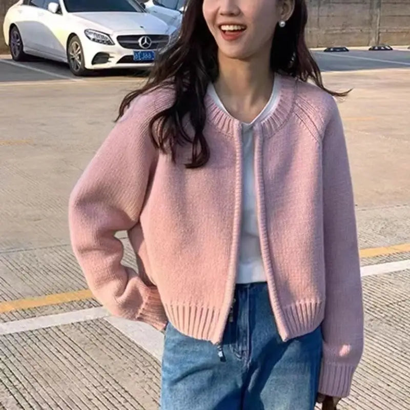 Women Pink Loose Knitted Cardigan Winter Jacket
