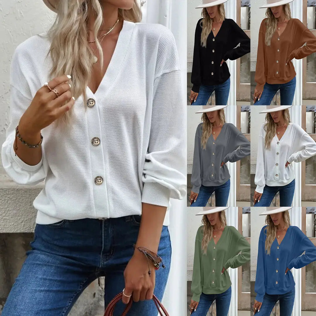 Women Loose Button V-Neck Long Sleeve Top