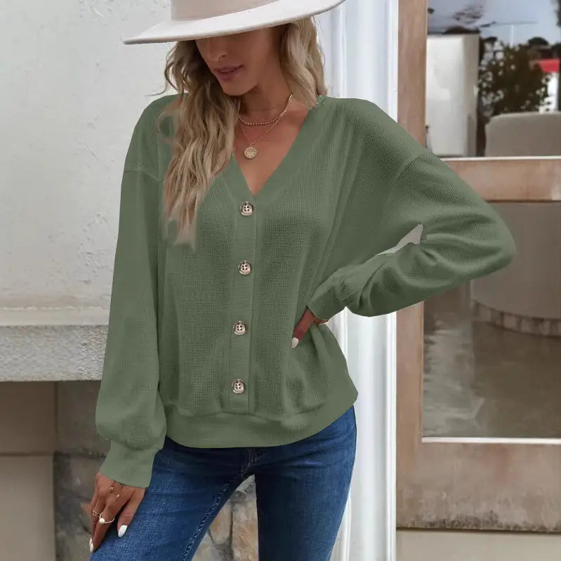 Women Loose Button V-Neck Long Sleeve Top