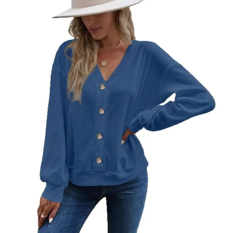 Women Loose Button V-Neck Long Sleeve Top