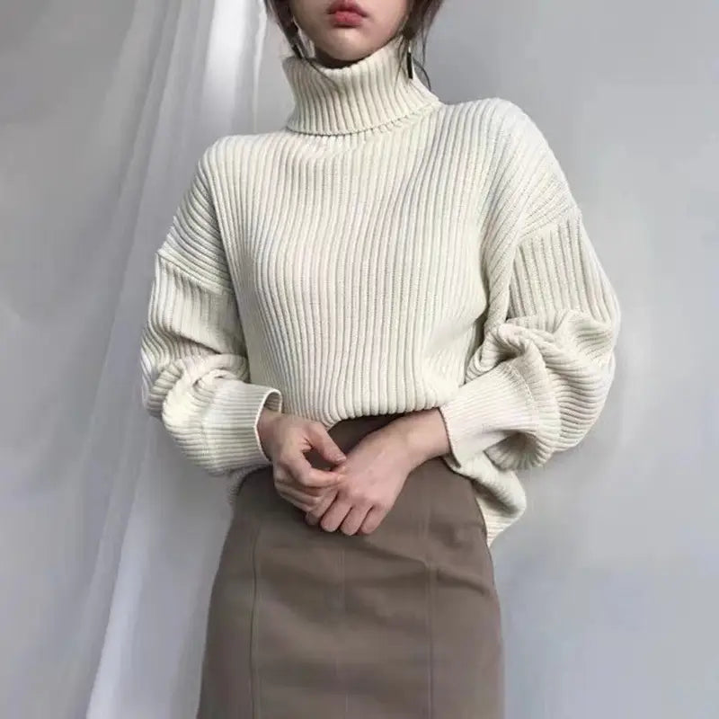 Women Turtleneck Knit Sweater Loose Long Sleeve Cream