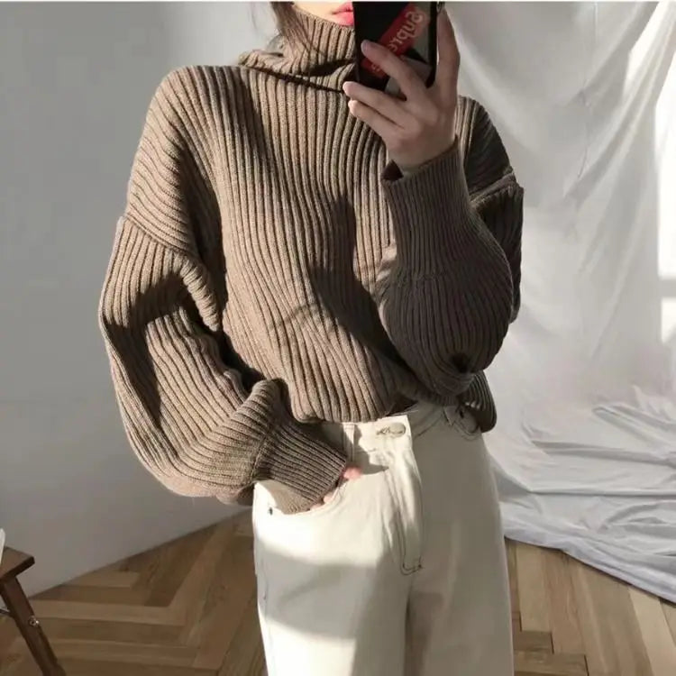 Women Turtleneck Knit Sweater Loose Long Sleeve Cream