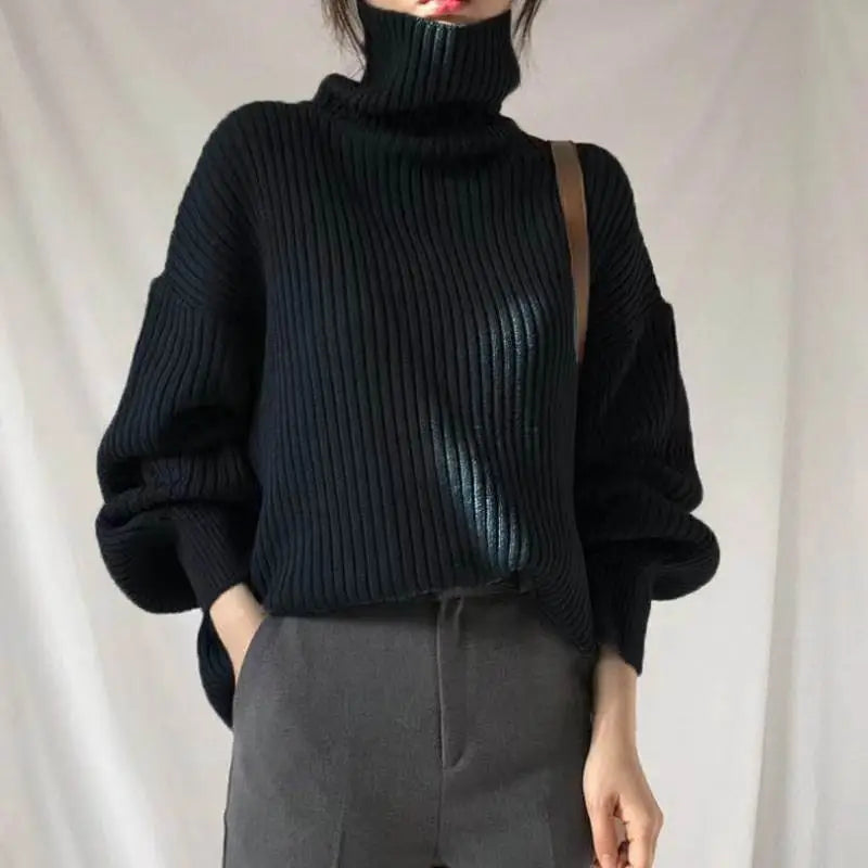 Women Turtleneck Knit Sweater Loose Long Sleeve Cream
