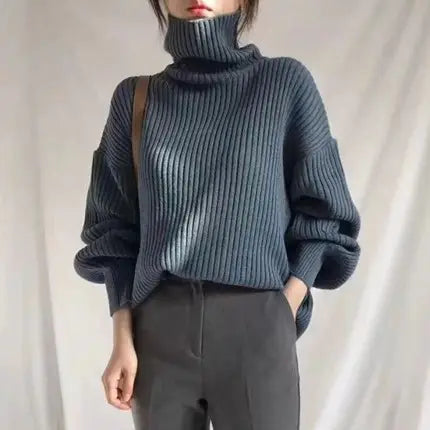 Women Turtleneck Knit Sweater Loose Long Sleeve Cream