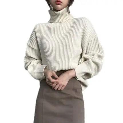 Women Turtleneck Knit Sweater Loose Long Sleeve Cream
