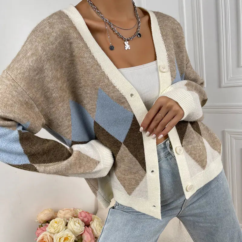 Women V Neck Cardigan Loose Fit S-Vest Blue Knitted