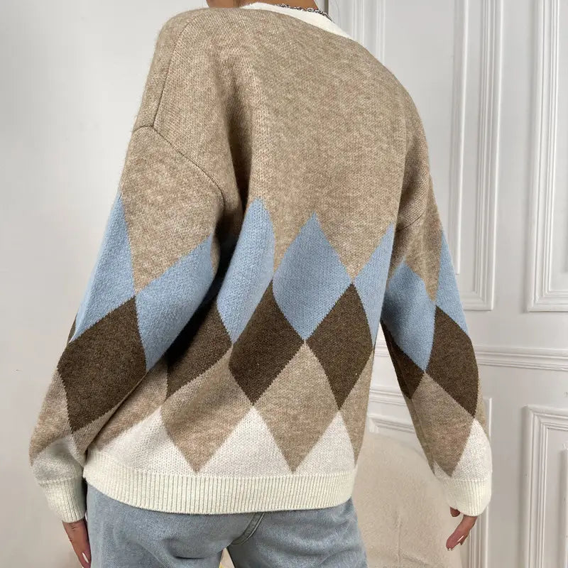 Women V Neck Cardigan Loose Fit S-Vest Blue Knitted