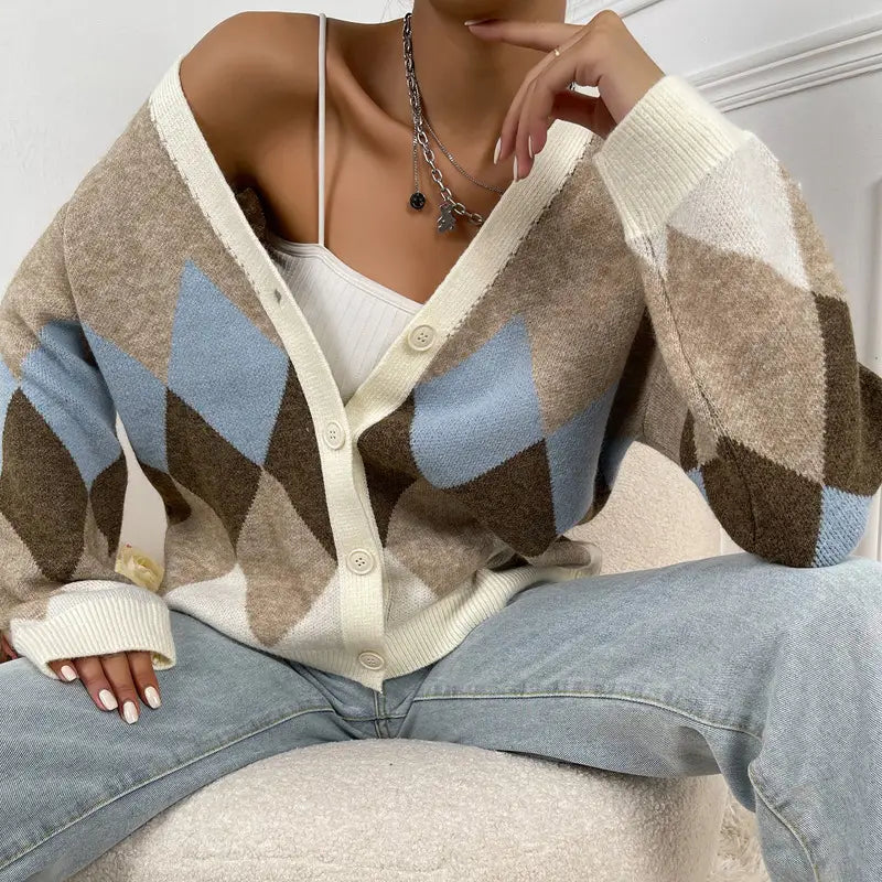 Women V Neck Cardigan Loose Fit S-Vest Blue Knitted