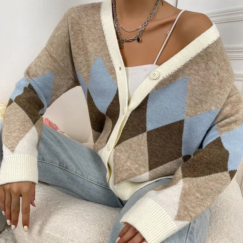 Women V Neck Cardigan Loose Fit S-Vest Blue Knitted
