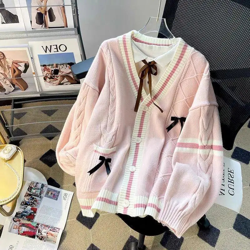Pink Bow Knitted Cardigan Women Winter Loose Fit