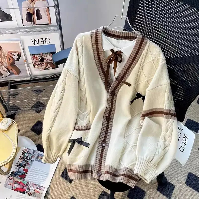Pink Bow Knitted Cardigan Women Winter Loose Fit