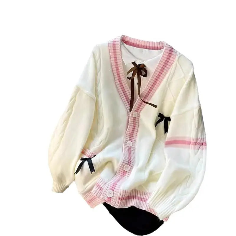 Pink Bow Knitted Cardigan Women Winter Loose Fit