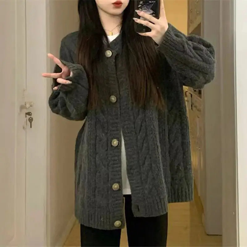 Women Vintage Cable Knit Sweater Loose Long Sleeve Winter Gray