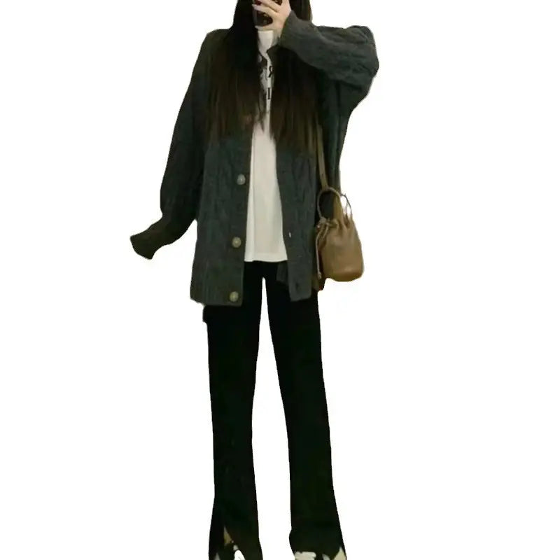 Women Vintage Cable Knit Sweater Loose Long Sleeve Winter Gray