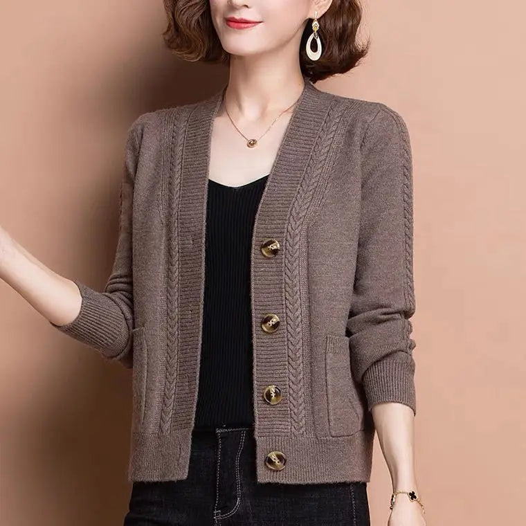 Women Knitted Cardigan Brown Button Autumn Style