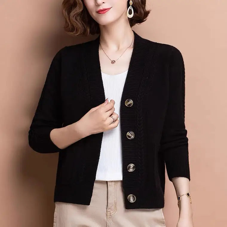 Women Knitted Cardigan Brown Button Autumn Style