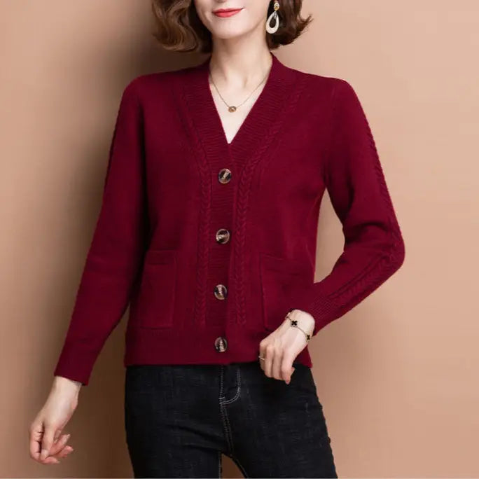 Women Knitted Cardigan Brown Button Autumn Style